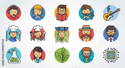 Diverse Group of Professional People Icons Representing Various Occupations.