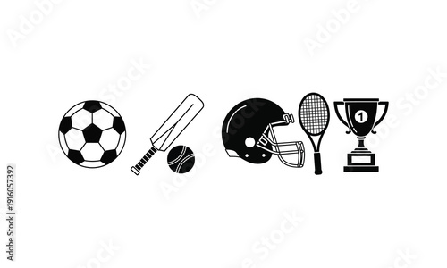Sports equipment collection soccer ball cricket bat football helmet trophy