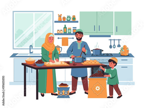 Mother, Father, and Son Preparing Iftar Dishes in a Modern Kitchen 
