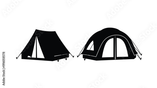 Two black tents depicted in a stark minimalist silhouette