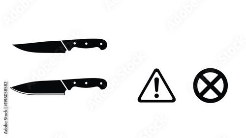 Black kitchen knives and warning signs in a stark silhouette