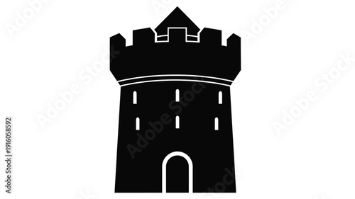 Simple black castle tower graphic with arched doorway a bold silhouette