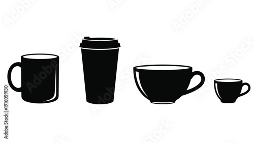 Four beverage containers in a row black silhouette