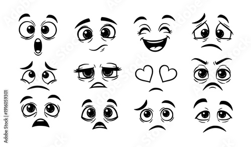 Friendly Title
Comic doodle eye expressions vector set with hand drawn glance and emotion symbols