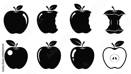 Black apple illustrations depicting different stages of consumption silhouette