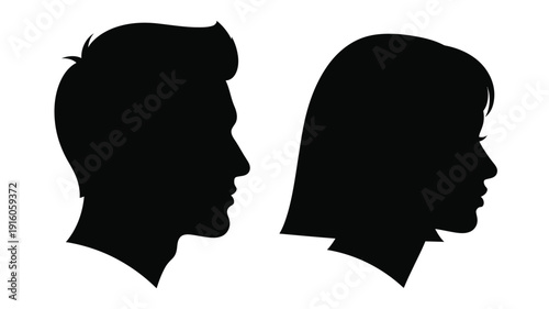 Two profile headshots depicted in stark contrast a black silhouette