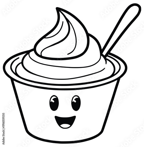 Delightful Dessert: An engaging illustration features a cute and friendly dessert cup brimming with a creamy, swirl topping, with a spoon at the ready, ready to satisfy any sweet craving.