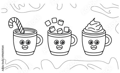 Cozy Drinks Trio: Three animated mugs, each brimming with deliciousness, offer a charming glimpse of comfort and warmth, perfect for any season.