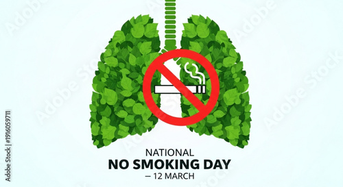 National no smoking day poster with green lungs and red no smoking symbol on light blue background