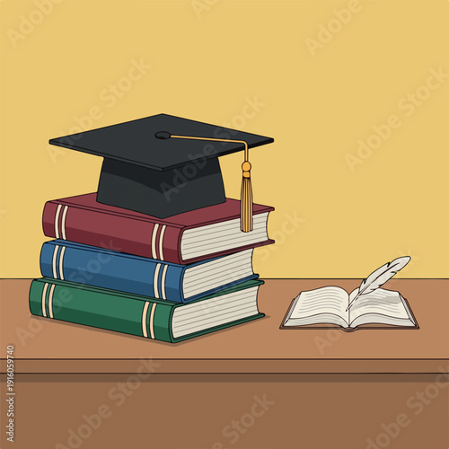A graduation cap rests atop a stack of books, with an open book and quill pen on a wooden desk, symbolizing education and learning