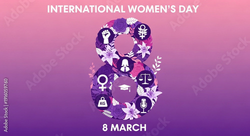 International women's day on march 8th a symbolic purple and pink gradient background with white icons and flowers representing female empowerment and equality