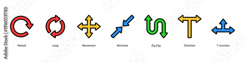 Directional Flow web banner featuring Reload, Loop, Movement, Minimize, Zig Zag, Direction, and T Junction, representing motion, paths, and digital navigation concepts.