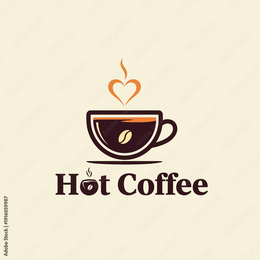 Obraz premium Elegant coffee cup logo with heart steam, representing warmth, passion, and the comforting aroma of a freshly brewed hot beverage, perfect for cafes