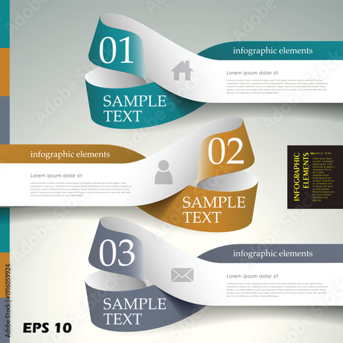 3-Step Wavy Ribbon Infographic Template. Vector Illustration of Colorful Curving Process Banners with Numbered Loops, House, User, and Email Ico