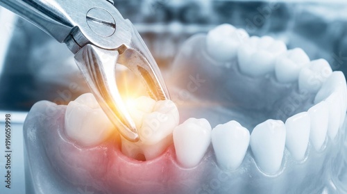 Dental curing light being used to cure dental filling on a dental model with perfect white teeth and healthy gums in a dental clinic setting with professional equipment and precise technique.