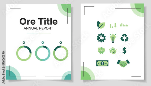 Green-themed annual report cover and icon set for business and environmental topics.