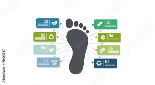 Infographic illustrating the ecological footprint concept with various environmental icons and numbered steps for sustainability and impact analysis.