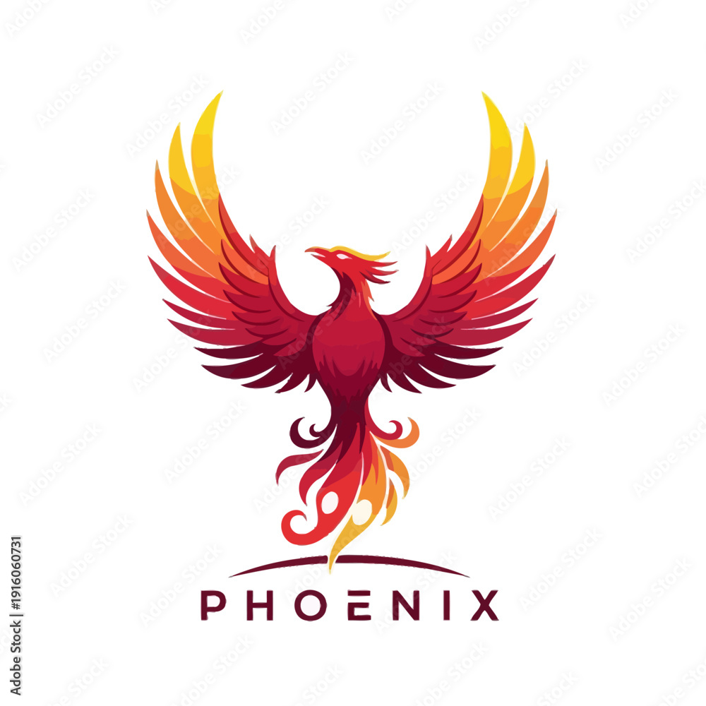 Fototapeta premium Vibrant graphic representation of a majestic mythical phoenix rising, symbolizing strength, renewal, and fiery energy with flowing wings in warm gradients, designed as a powerful emblem or logo
