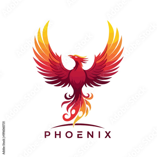 Vibrant graphic representation of a majestic mythical phoenix rising, symbolizing strength, renewal, and fiery energy with flowing wings in warm gradients, designed as a powerful emblem or logo