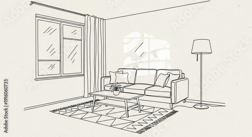 Interior design sketch of a modern living room with sofa and window.
