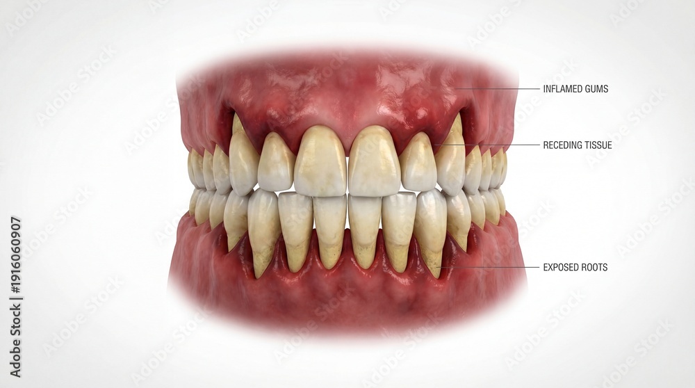 Obraz premium Detailed 3D rendering of human teeth showing signs of gum recession with labels for inflamed gums, receding tissue, and exposed roots, highlighting oral health issues and dental anatomy.