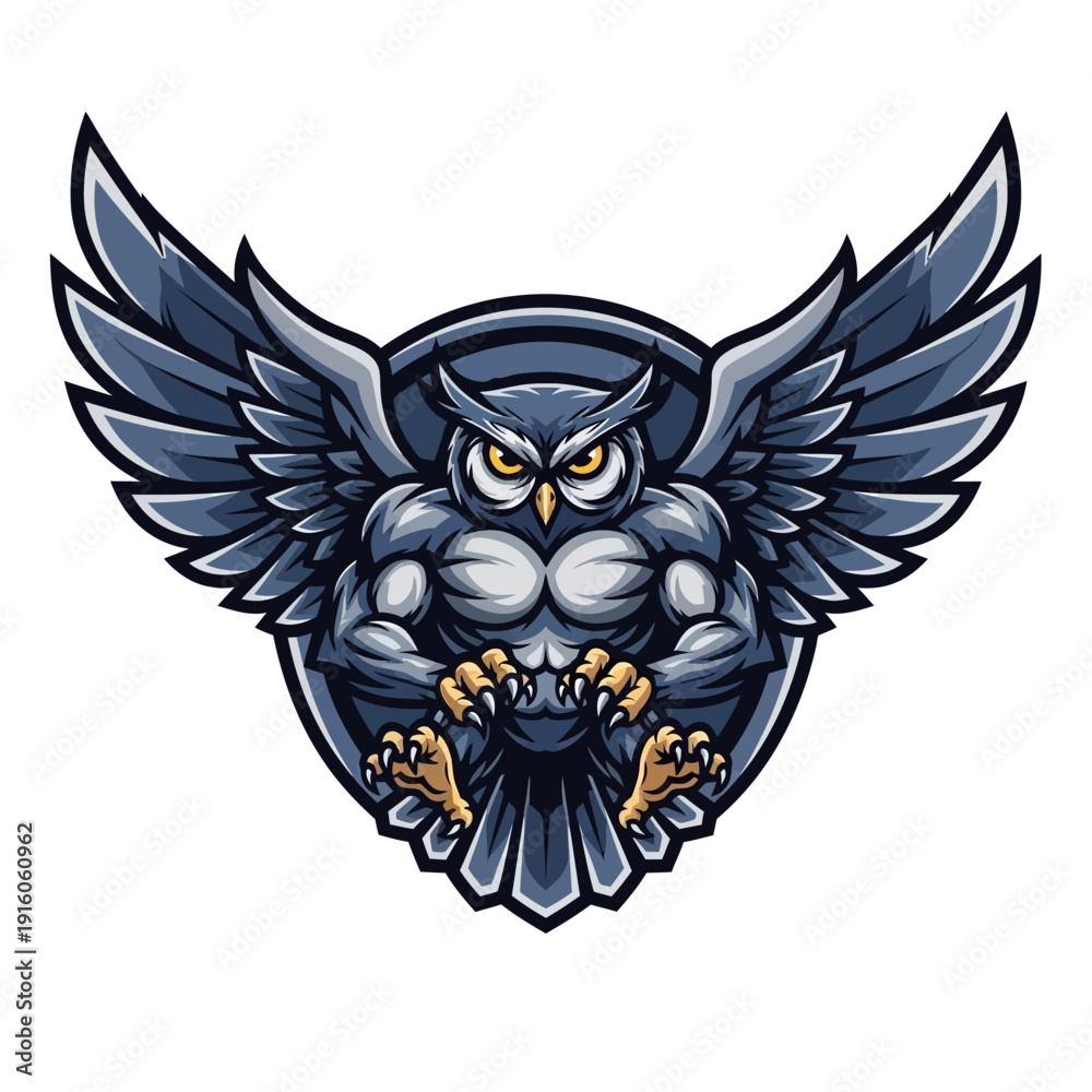 Naklejka premium Mascot Owl With Muscular Body And Spread Wings On A Shield Background