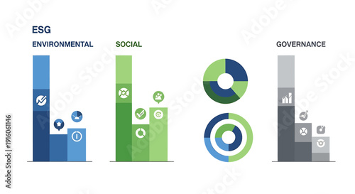 ESG infographic illustrating environmental, social, and governance factors with bar charts and icons for corporate responsibility.