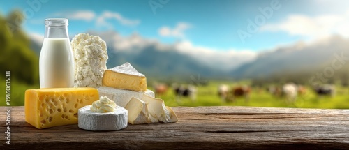 The Cheese Display with Fresh Milk Bottle on Rustic Wood in Alpine Pasture