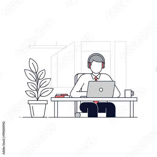 Modern line art illustration of a focused professional working on a laptop with headphones at a sleek desk, symbolizing productive remote work and a contemporary digital environment