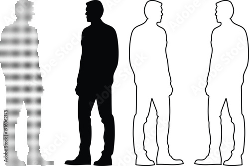 Human silhouette variations showing dotted outline solid black and outline only figures