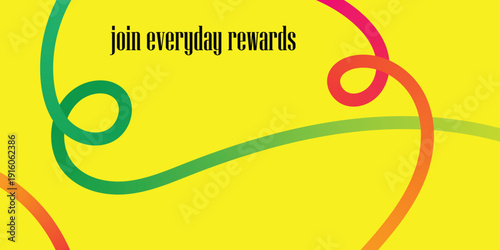 Vibrant yellow background with colorful swirling lines and rewards text