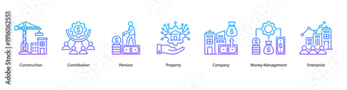 Enterprise Property web banner vector illustration featuring Construction, Contribution, Pension, Property, Company, Money Management, and Enterprise.
