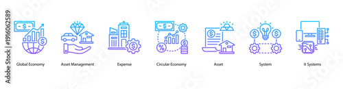 Global Assets web banner vector illustration featuring Global Economy, Asset Management, Expense, Circular Economy, Asset, System, and IT Systems.
