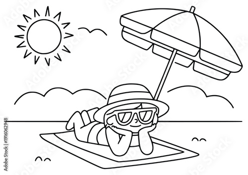 Summer Relaxation on the Shore: A sketched depiction of a person soaking up the sun's warmth under the shade of an umbrella. A perfect illustration for leisure.