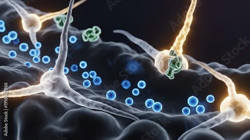 Dopamine breakdown, with enzymes like MAO glowing faintly as they deactivate the neurotransmitter. Dopamine molecules fade naturally without disruption