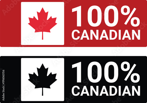 Two Canadian flag inspired square badges one red and white and one black and white with 100