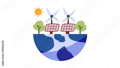 Sustainable green energy concept with solar panels and wind turbines
