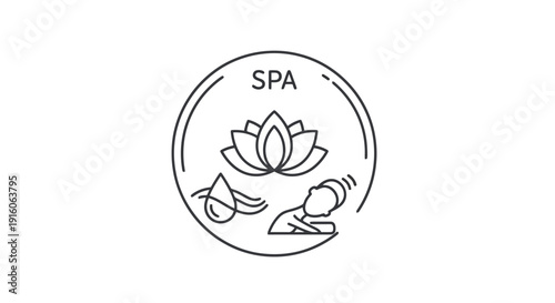 Spa relaxation and wellness icon with lotus flower and water droplet.