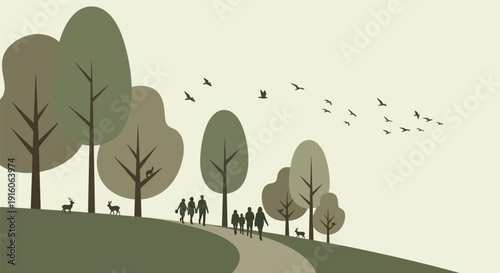 Family walking on a serene forest path with deer and birds
