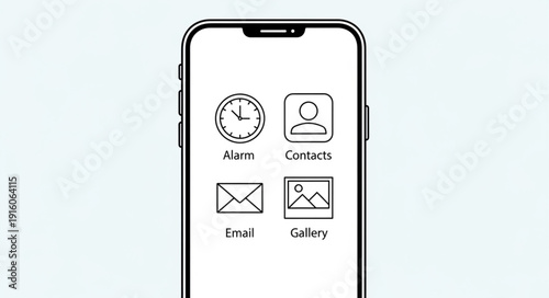 Smartphone screen displaying simple app icons for clock contacts messages and gallery.