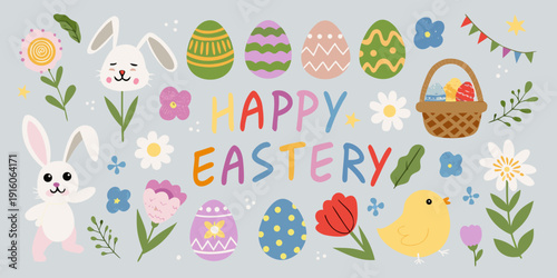 A cheerful easter illustration with bunnies eggs flowers and a basket