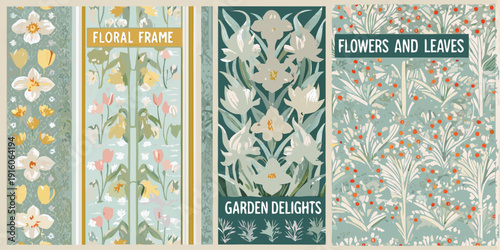 Vintage floral frame designs with flowers leaves and garden motifs