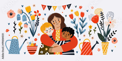 A mother embracing her two children amidst colorful flowers and gardening tools