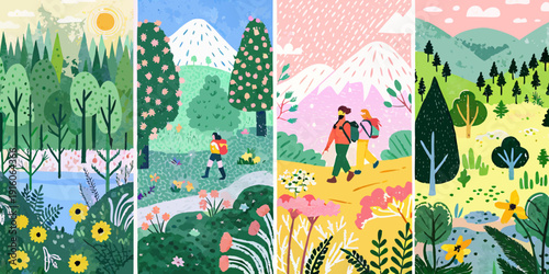 Four seasonal landscape illustrations summer autumn winter and spring