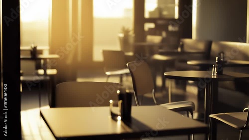 Empty modern dining space with empty tables and chairs glowing in warm golden hour sunlight, creating a cozy, serene cafe atmosphere for morning or evening relaxation