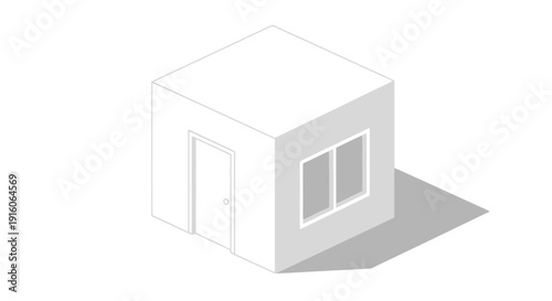 Simple white isometric cube house with door and window.