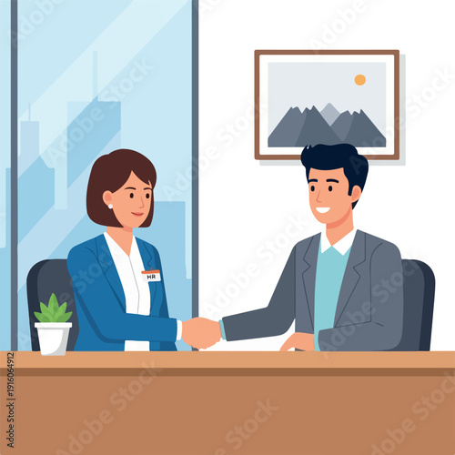 A friendly business meeting and handshake between two professionals in a modern office setting, symbolizing collaboration and partnership