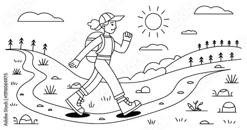 On The Trail: A solitary hiker follows a winding path, embracing the serene beauty of the sun-kissed landscape, while the scene exudes tranquility.