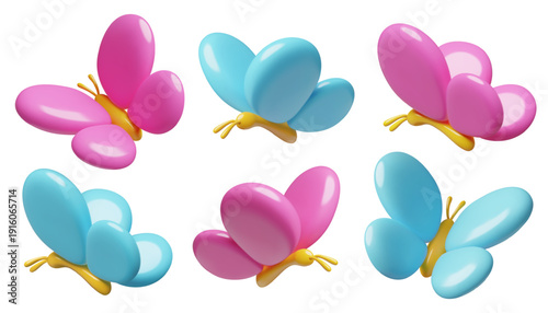 3d butterflies icons collection. Cute minimal pink and blue flying insects vector illustrations set isolated on white background. 