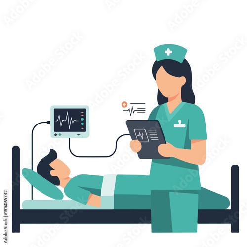 Dedicated nurse monitors a patient in a hospital bed, utilizing modern medical technology and digital devices for essential healthcare and vigilant patient observation